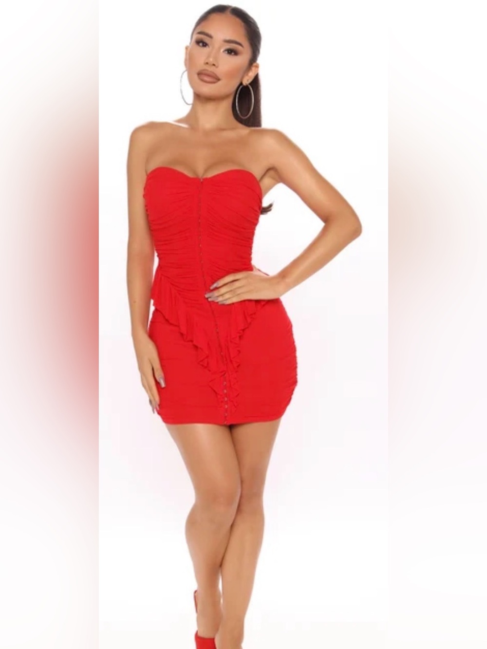 Fashion Nova Strapless Ruched Red mesh Dress